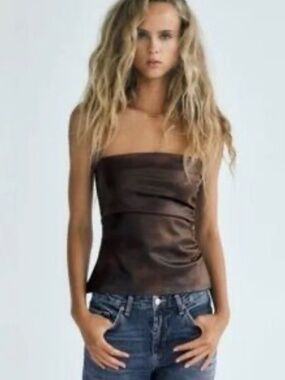 Zara Faux Brown Leather Strapless Top